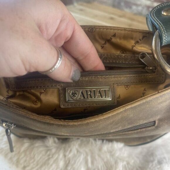 Ariat Western Teal Blue & Brown Leather Shoulder Bag Purse With Buckle Flap Clos - Picture 9 of 9